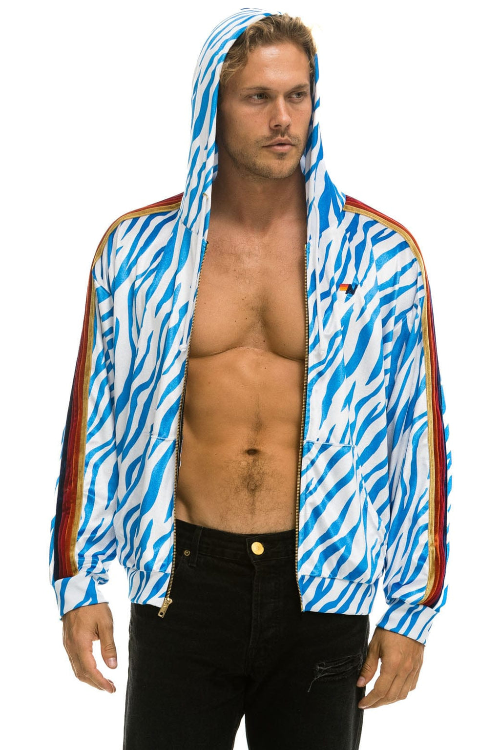 Retro CLASSIC VELVET RELAXED ZIP HOODIE - BLUE TIGER