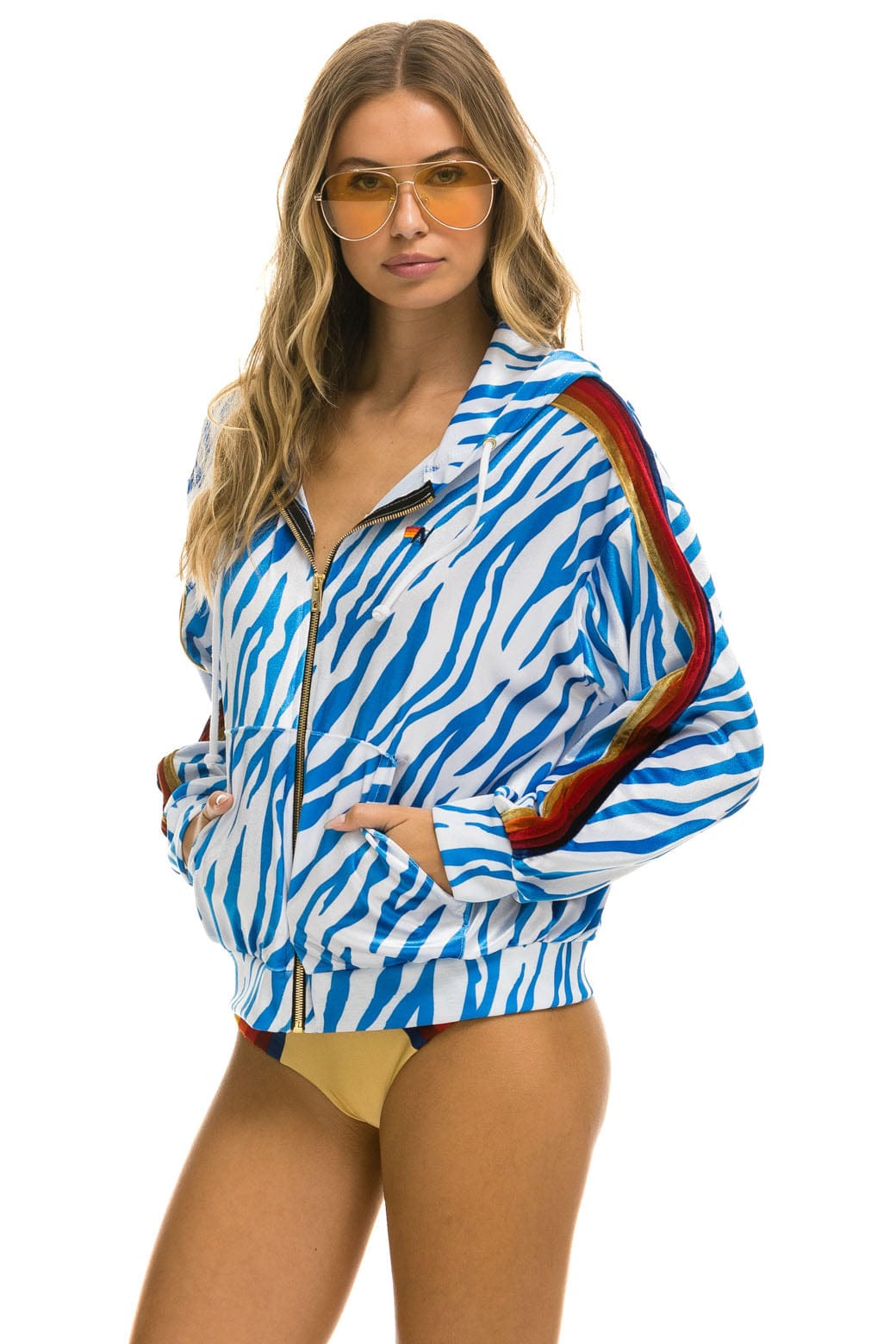 Retro CLASSIC VELVET RELAXED ZIP HOODIE - BLUE TIGER