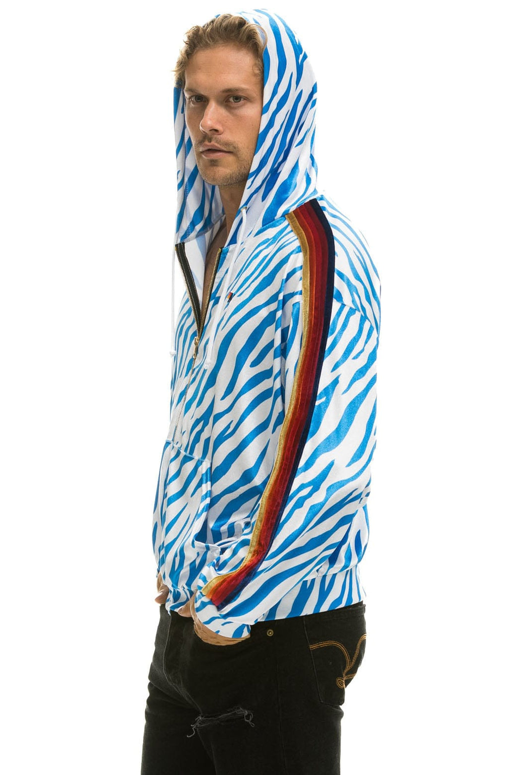 Retro CLASSIC VELVET RELAXED ZIP HOODIE - BLUE TIGER