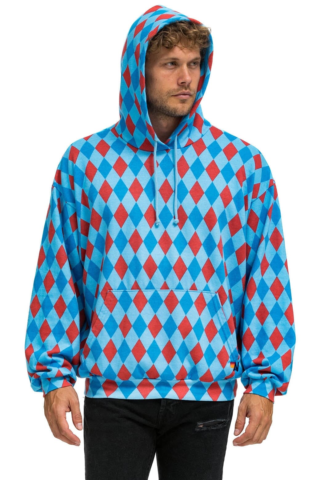 Retro DIAMOND REPEAT SMILEY RELAXED PULLOVER HOODIE - SKY