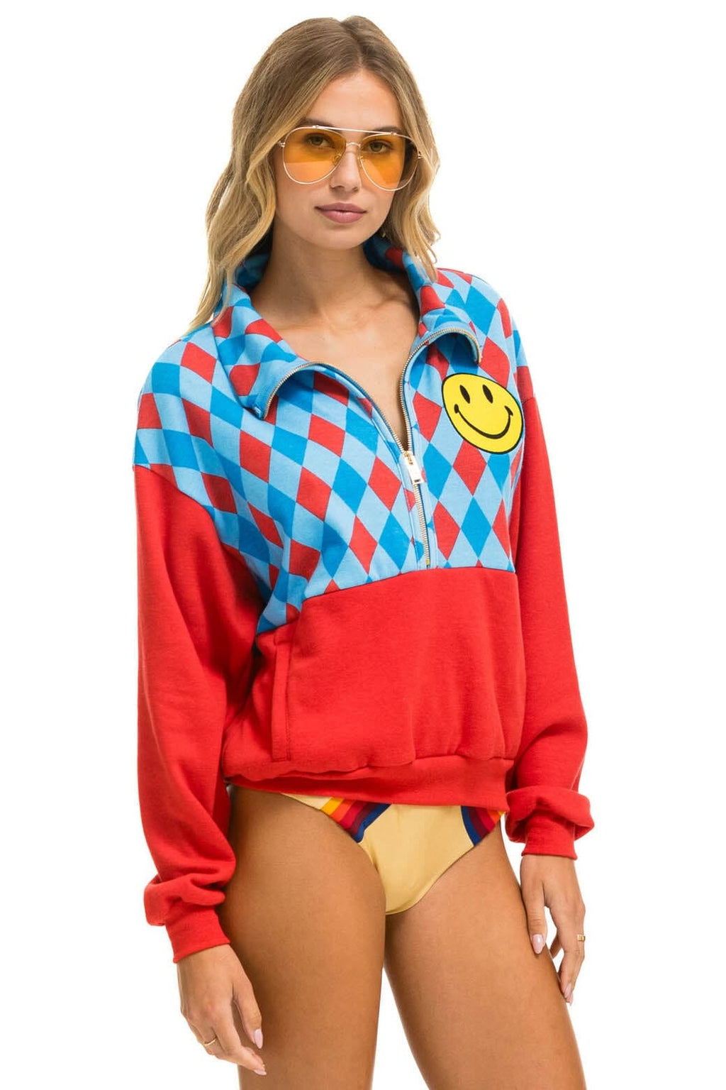 Retro DIAMOND SMILEY 2 FLEECE HALF ZIP COLOR BLOCK SWEATSHIRT - RED SKY