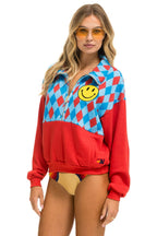 Retro DIAMOND SMILEY 2 FLEECE HALF ZIP COLOR BLOCK SWEATSHIRT - RED SKY