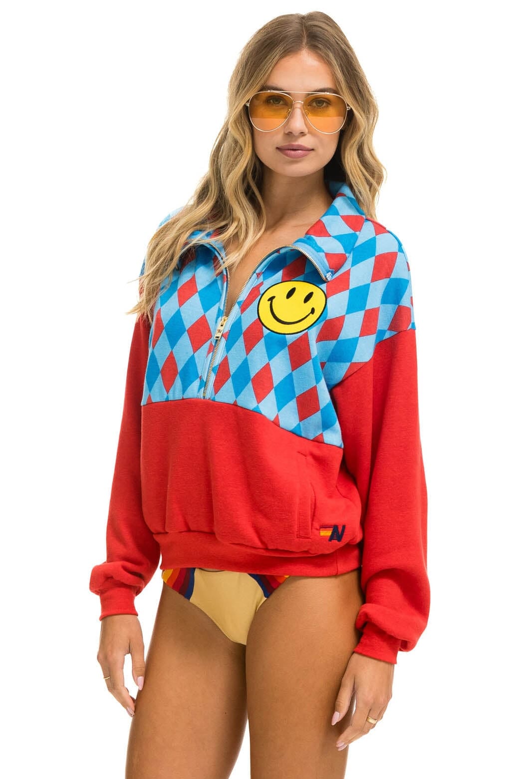 Retro DIAMOND SMILEY 2 FLEECE HALF ZIP COLOR BLOCK SWEATSHIRT - RED SKY