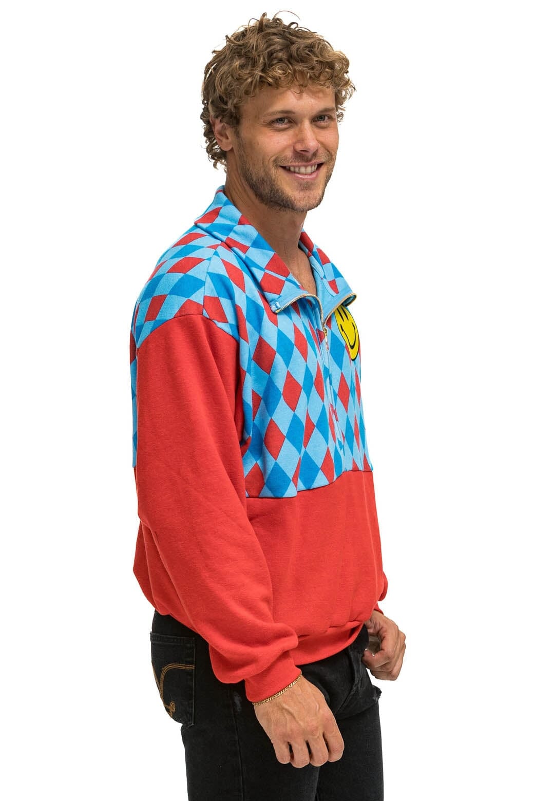 Retro DIAMOND SMILEY 2 FLEECE HALF ZIP COLOR BLOCK SWEATSHIRT - RED SKY