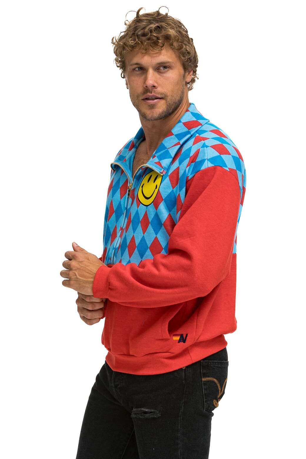 Retro DIAMOND SMILEY 2 FLEECE HALF ZIP COLOR BLOCK SWEATSHIRT - RED SKY