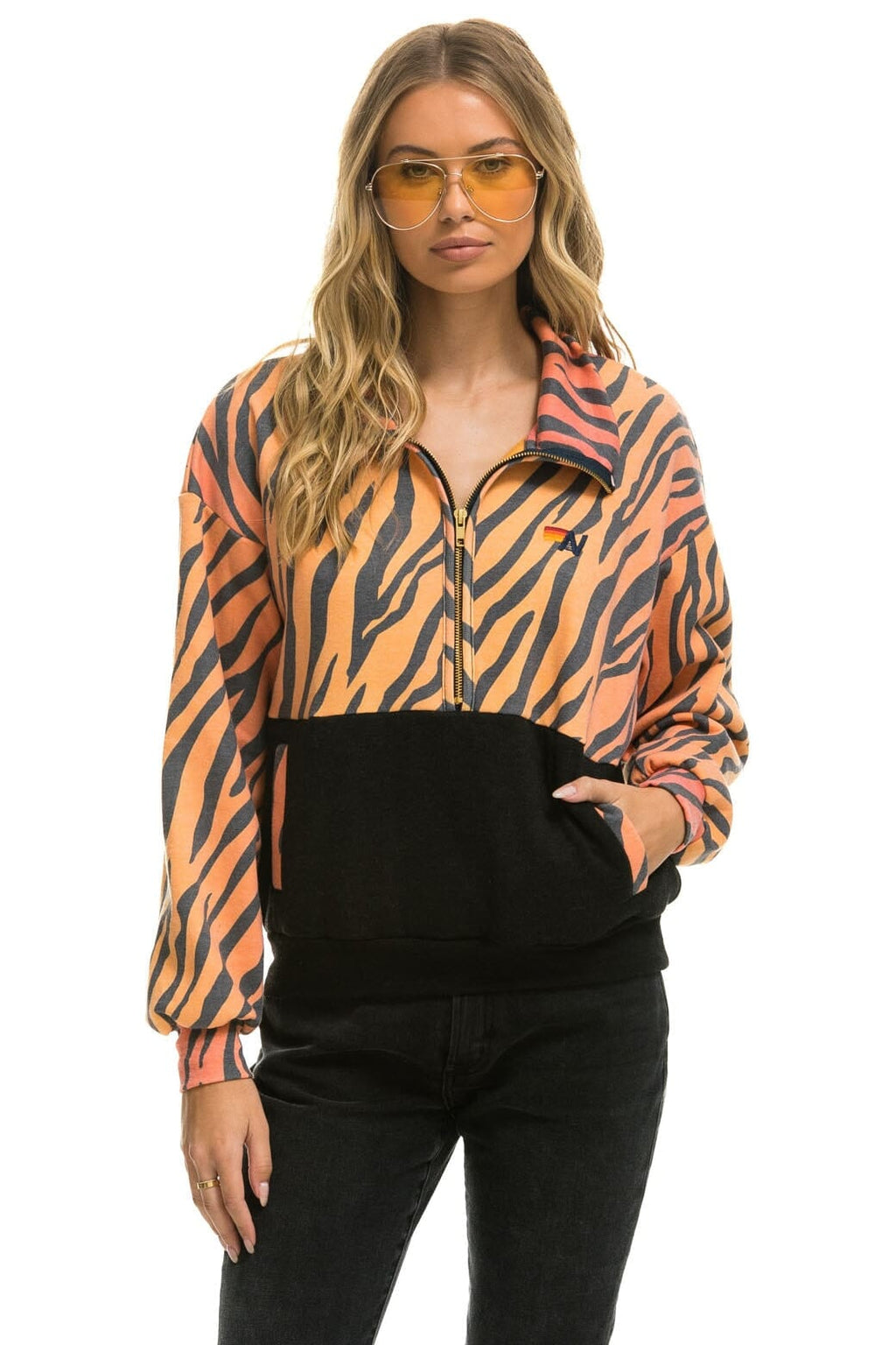 Retro FLEECE UNISEX HALF ZIP COLOR BLOCK JACKET - TIGER