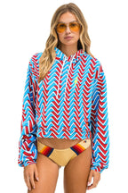 Retro GEO ZIG BOLT EMBRIODERY RELAXED CROPPED PULLOVER HOODIE - RED BLUE