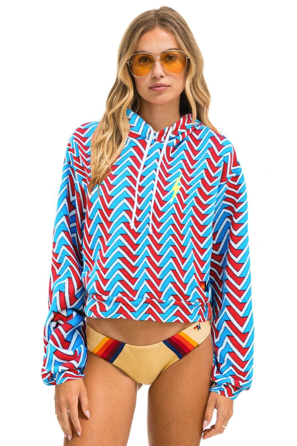 Retro GEO ZIG BOLT EMBRIODERY RELAXED CROPPED PULLOVER HOODIE - RED BLUE