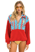 Retro GEO ZIG BOLT EMBROIDERY FLEECE HALF ZIP COLOR BLOCK SWEATSHIRT - RED BLUE
