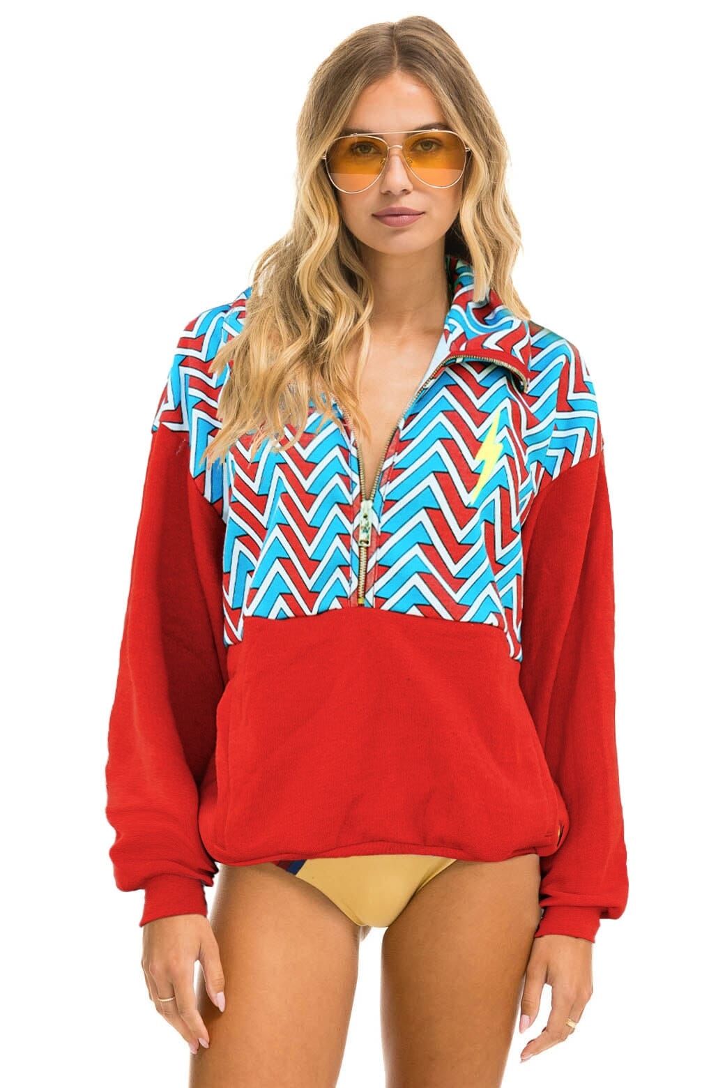 Retro GEO ZIG BOLT EMBROIDERY FLEECE HALF ZIP COLOR BLOCK SWEATSHIRT - RED BLUE