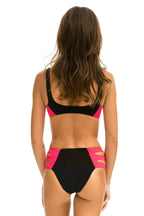 Retro HI-WAISTED SIDE CUT OUT COLOR BLOCK FULL COVERAGE BRIEF BIKINI BOTTOMS - BLACK RED