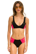 Retro HI-WAISTED SIDE CUT OUT COLOR BLOCK FULL COVERAGE BRIEF BIKINI BOTTOMS - BLACK RED