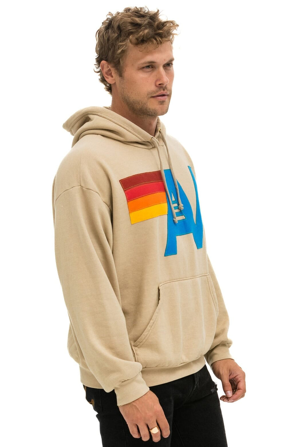 Retro LOGO STITCH PULLOVER RELAXED HOODIE - SAND