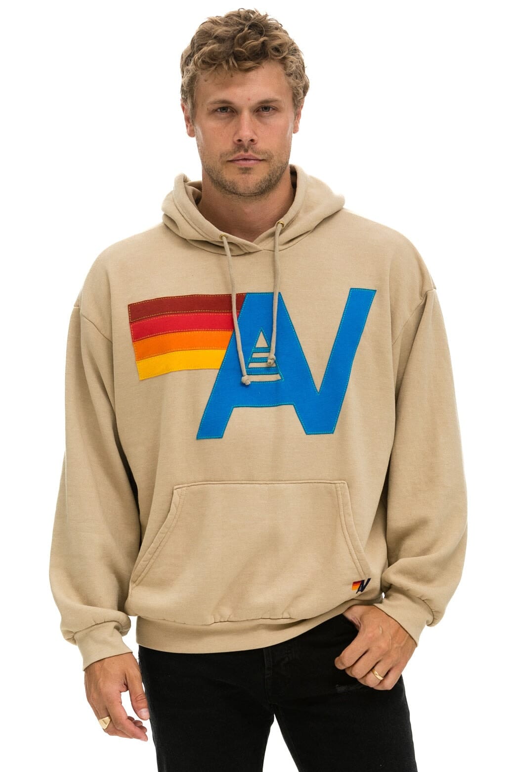 Retro LOGO STITCH PULLOVER RELAXED HOODIE - SAND