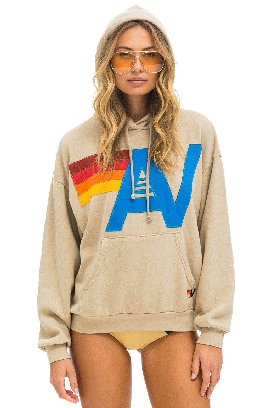 Retro LOGO STITCH PULLOVER RELAXED HOODIE - SAND