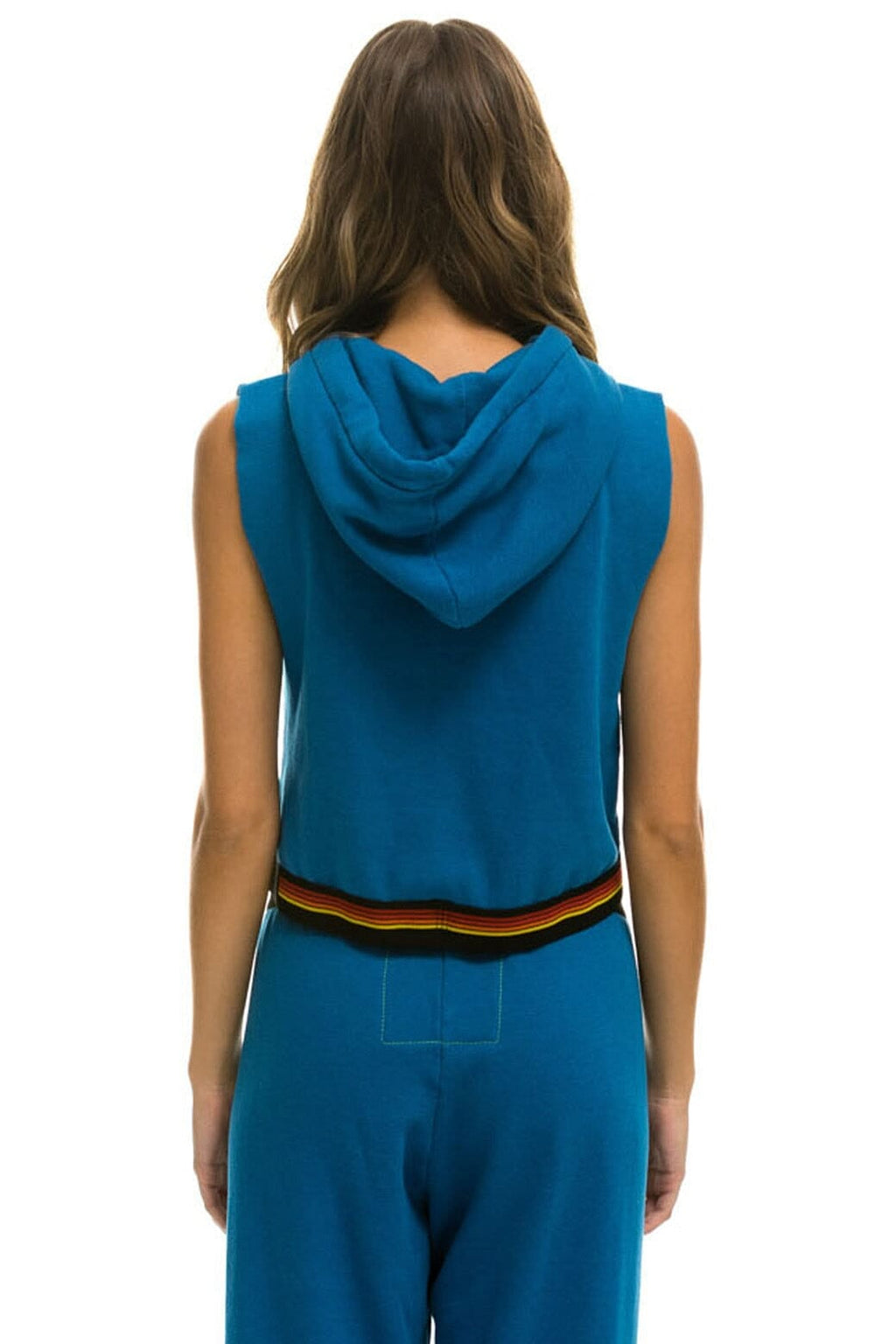 Retro LOGO STRIPE SLEEVELESS CROP PULLOVER HOODIE - CARIBBEAN