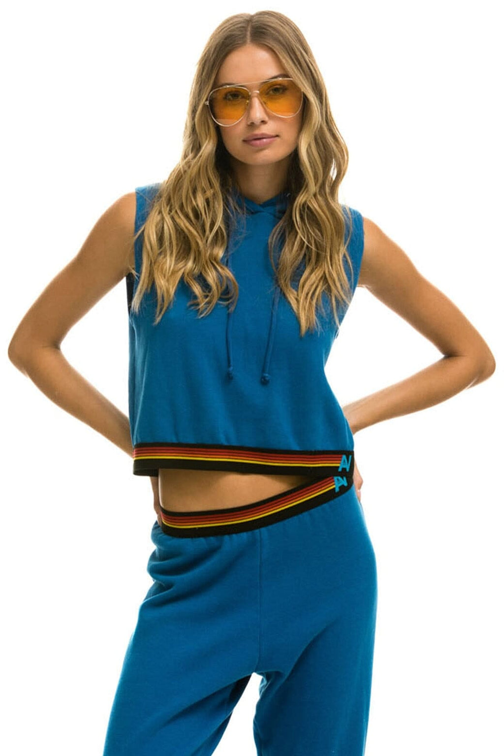Retro LOGO STRIPE SLEEVELESS CROP PULLOVER HOODIE - CARIBBEAN