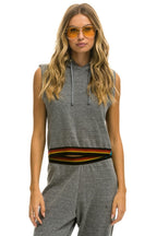 Retro LOGO STRIPE SLEEVELESS CROP PULLOVER HOODIE - HEATHER GREY