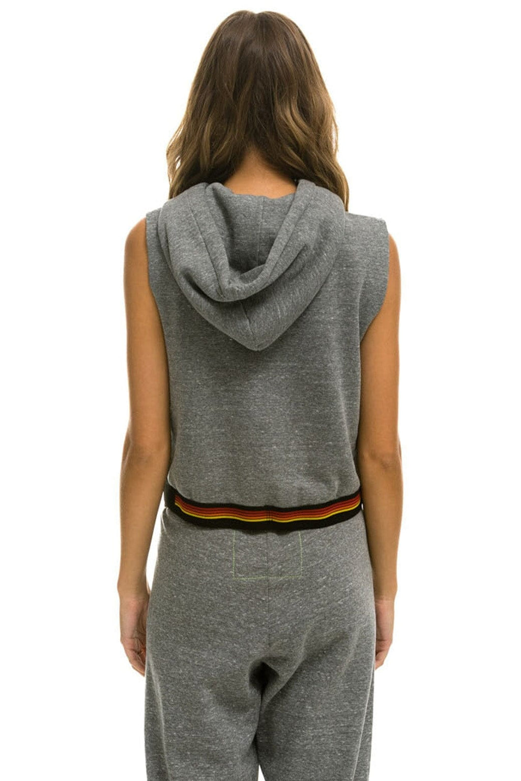 Retro LOGO STRIPE SLEEVELESS CROP PULLOVER HOODIE - HEATHER GREY