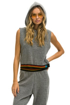 Retro LOGO STRIPE SLEEVELESS CROP PULLOVER HOODIE - HEATHER GREY
