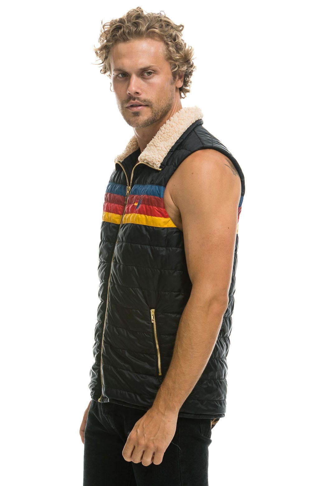 Retro MENS 4 STRIPE VEST SHERPA - BLACK