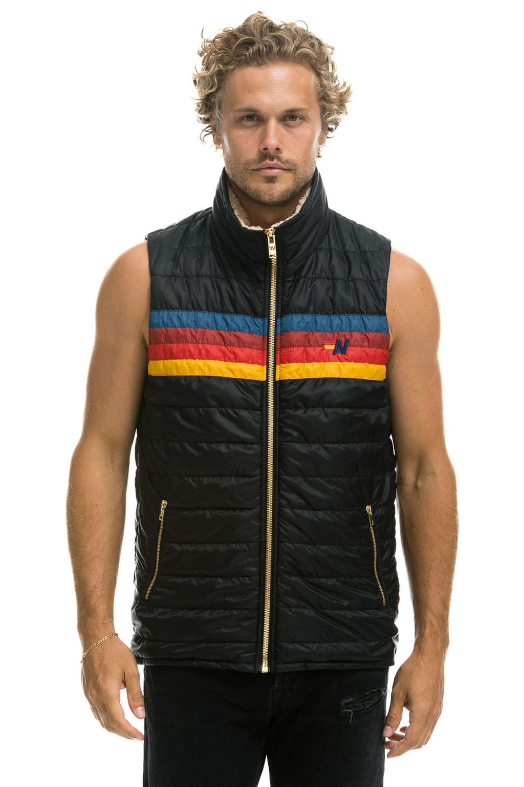 Retro MENS 4 STRIPE VEST SHERPA - BLACK