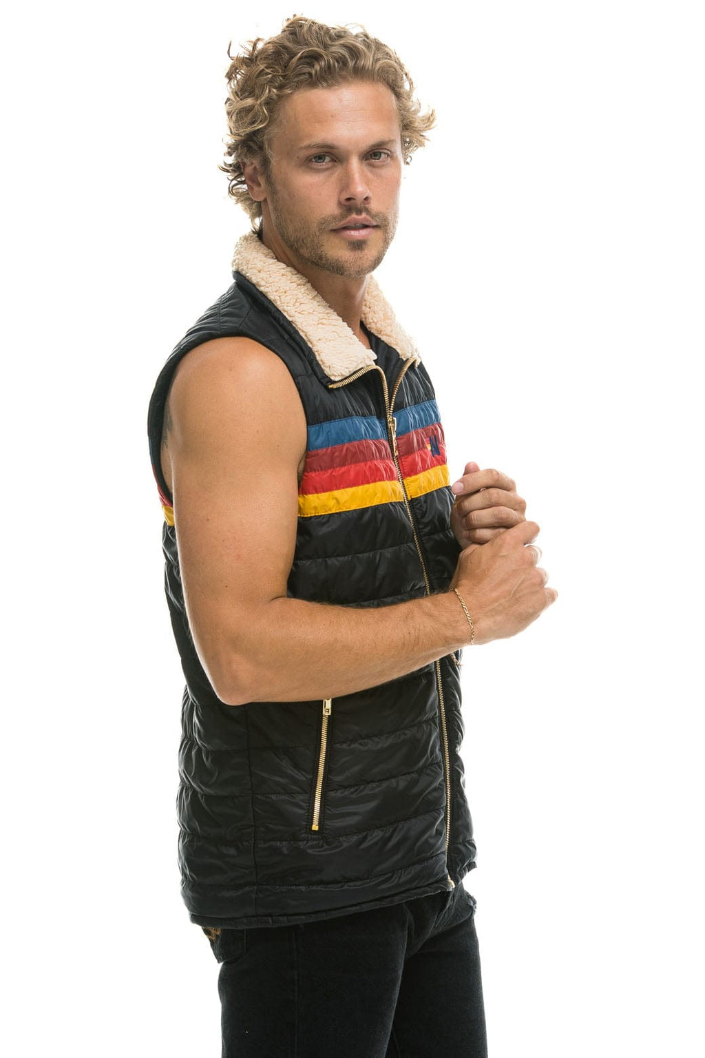 Retro MENS 4 STRIPE VEST SHERPA - BLACK
