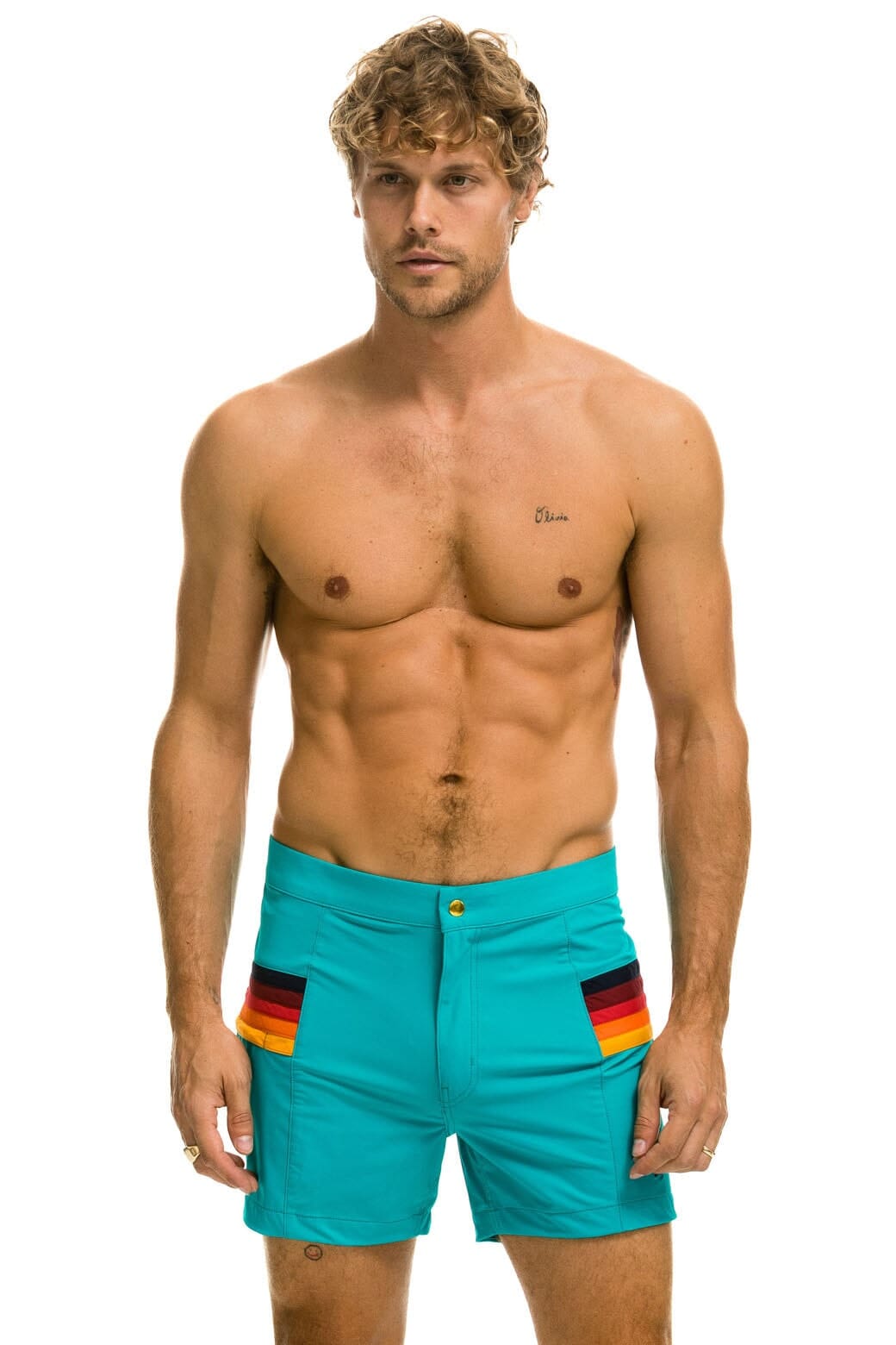 Retro MENS HORIZONTAL 5 STRIPE FLEX SHORTS - JADE