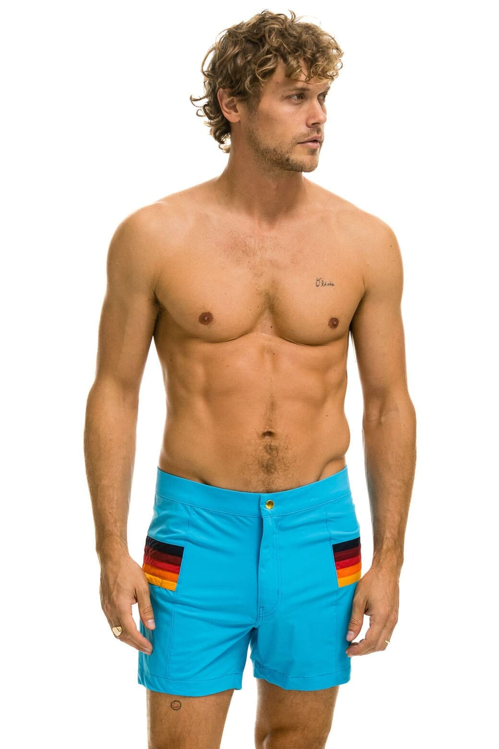 Retro MENS HORIZONTAL 5 STRIPE FLEX SHORTS - NEON BLUE