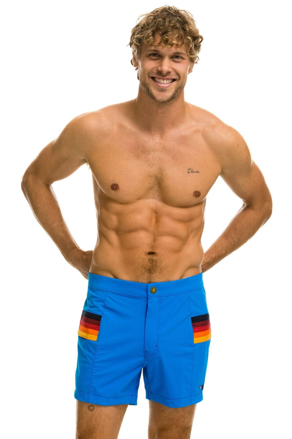 Retro MENS HORIZONTAL 5 STRIPE FLEX SHORTS - PARROT BLUE