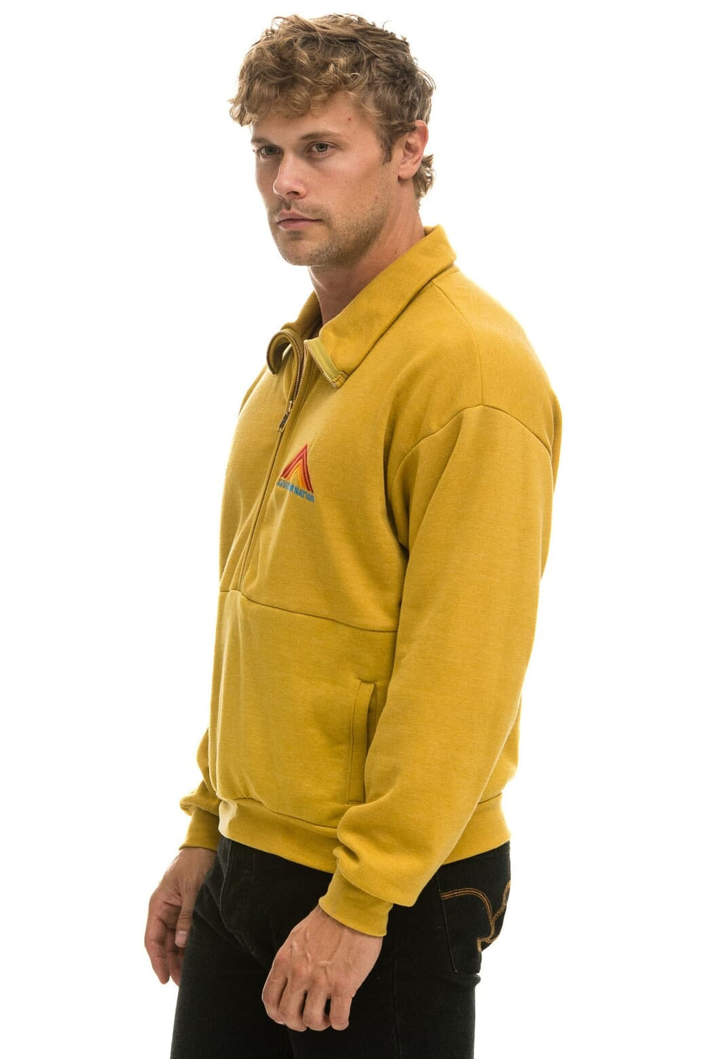 Retro MOUNTAIN EMBROIDERY HALF ZIP SWEATSHIRT - KHAKI