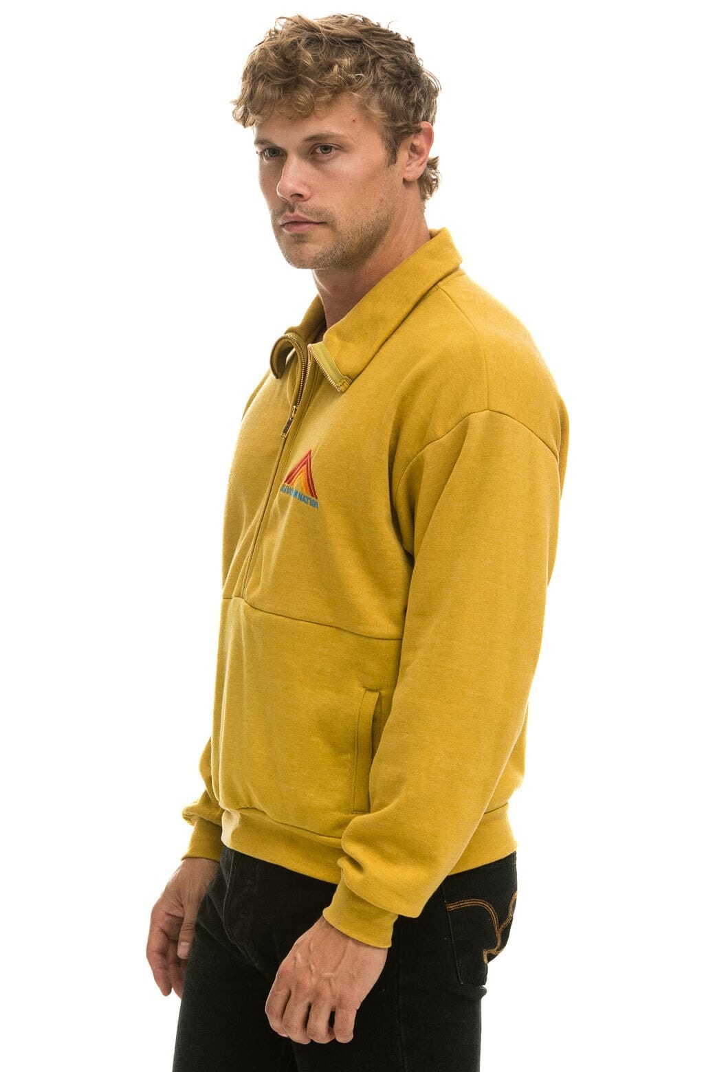 Retro MOUNTAIN EMBROIDERY HALF ZIP SWEATSHIRT - KHAKI