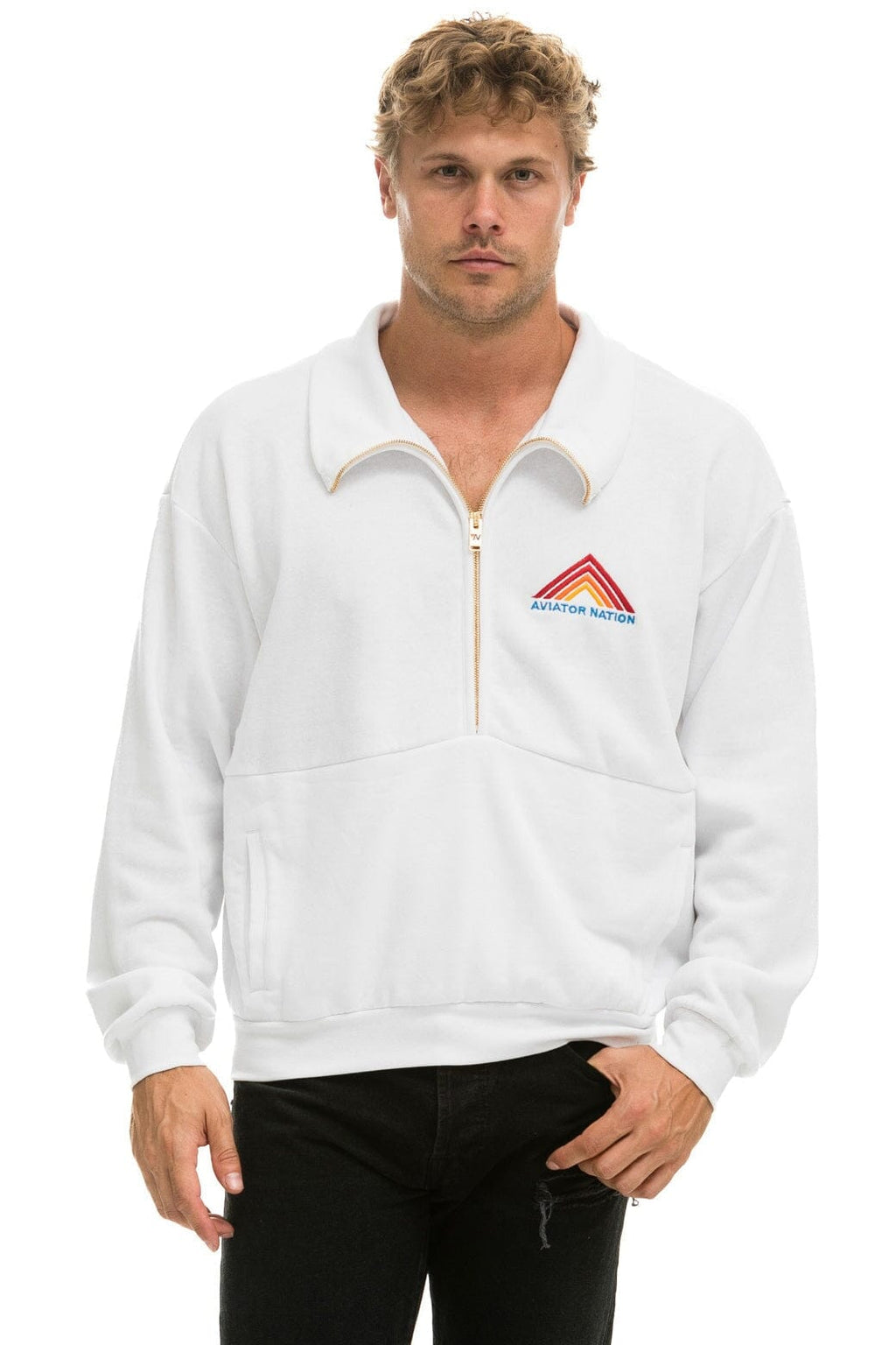 Retro MOUNTAIN EMBROIDERY HALF ZIP SWEATSHIRT - WHITE