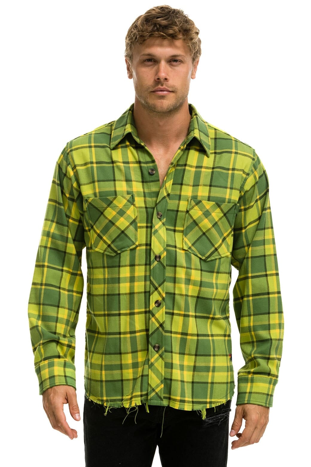 Retro PLAID FLANNEL LIGHT WEIGHT UNISEX WESTERN SHIRT - AVOCADO PLAID