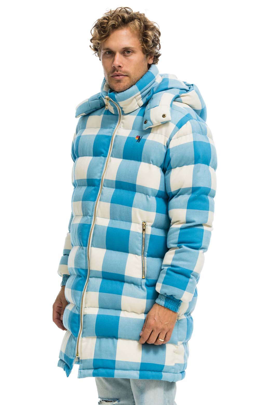 Retro PLAID UNISEX LONG TREKKER JACKET - SKY PLAID