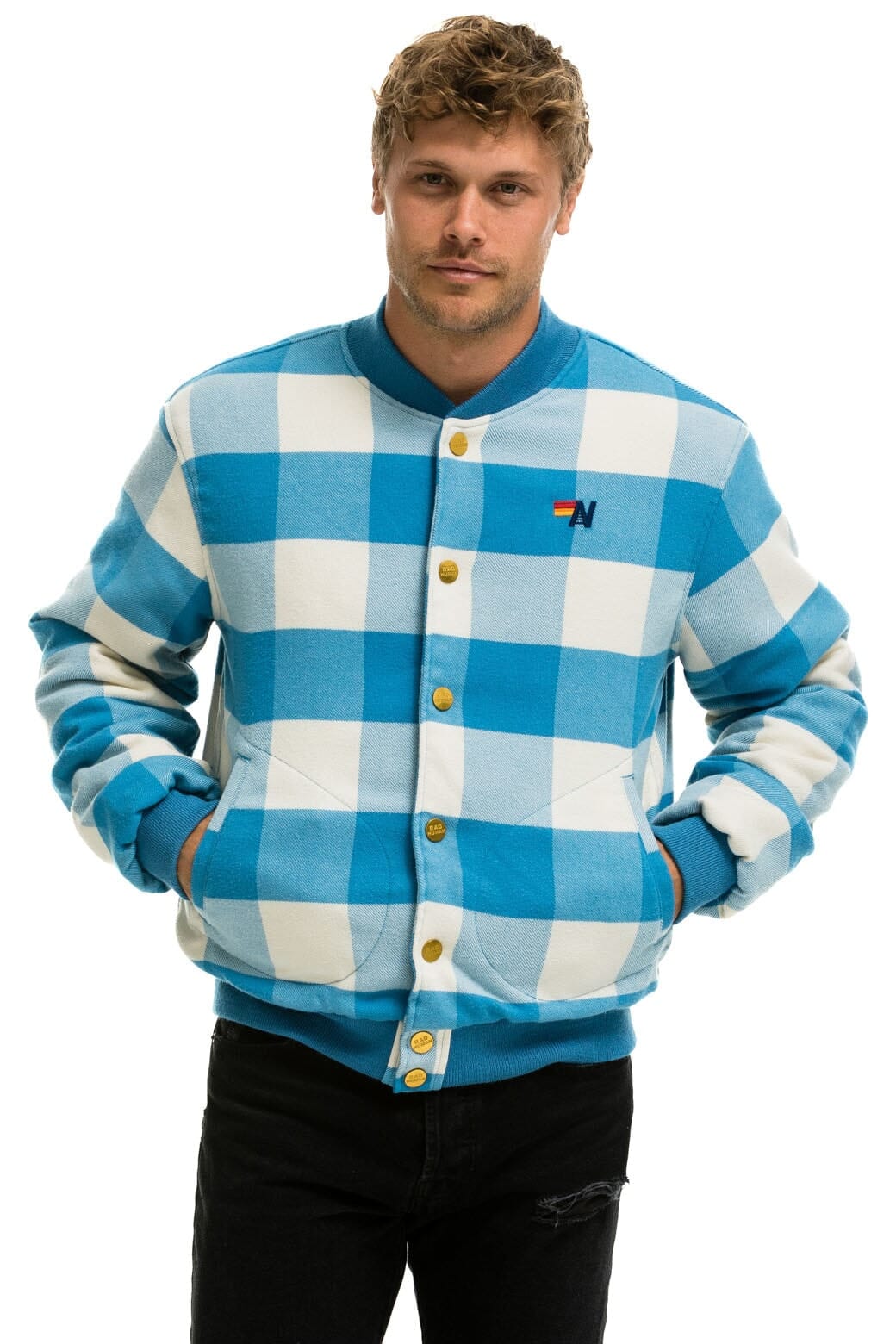 Retro PLAID UNISEX VARSITY JACKET - SKY PLAID