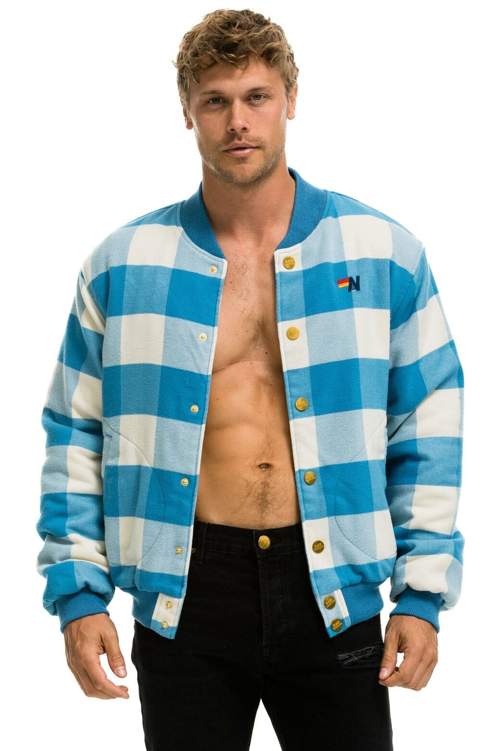 Retro PLAID UNISEX VARSITY JACKET - SKY PLAID