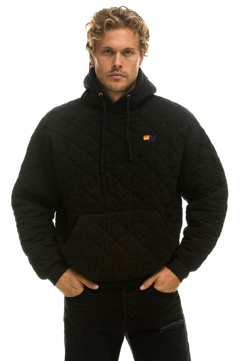 Retro QUILTED RELAXED PULLOVER HOODIE - BLACK