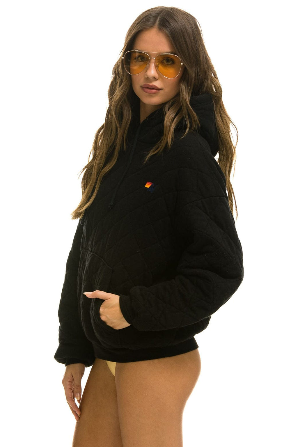 Retro QUILTED RELAXED PULLOVER HOODIE - BLACK