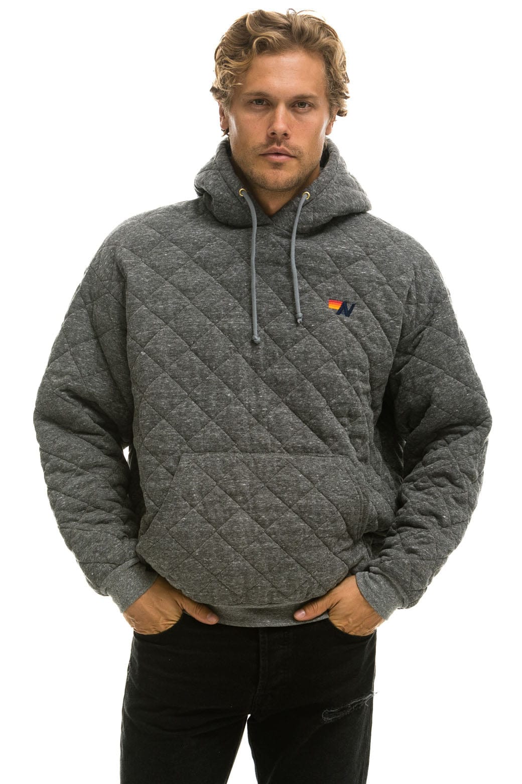 Retro QUILTED RELAXED PULLOVER HOODIE - HEATHER GREY