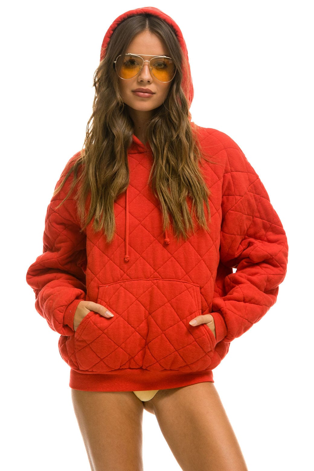 Retro QUILTED RELAXED PULLOVER HOODIE - RED
