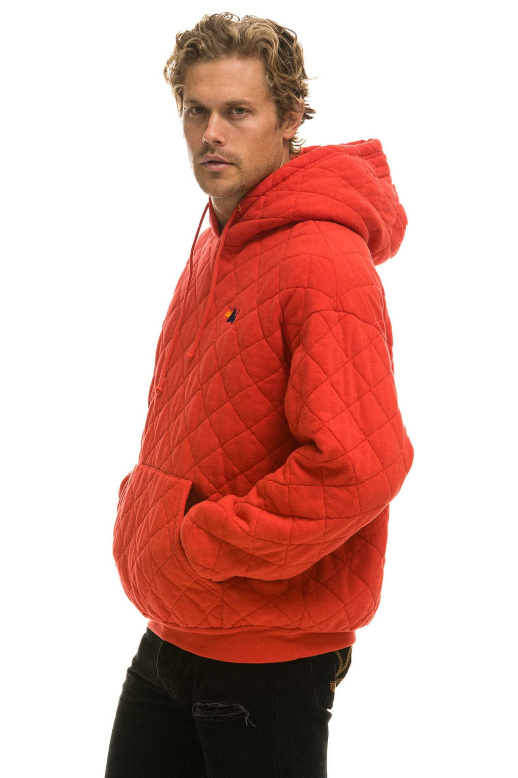 Retro QUILTED RELAXED PULLOVER HOODIE - RED