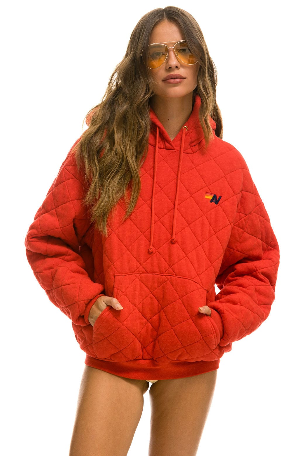 Retro QUILTED RELAXED PULLOVER HOODIE - RED