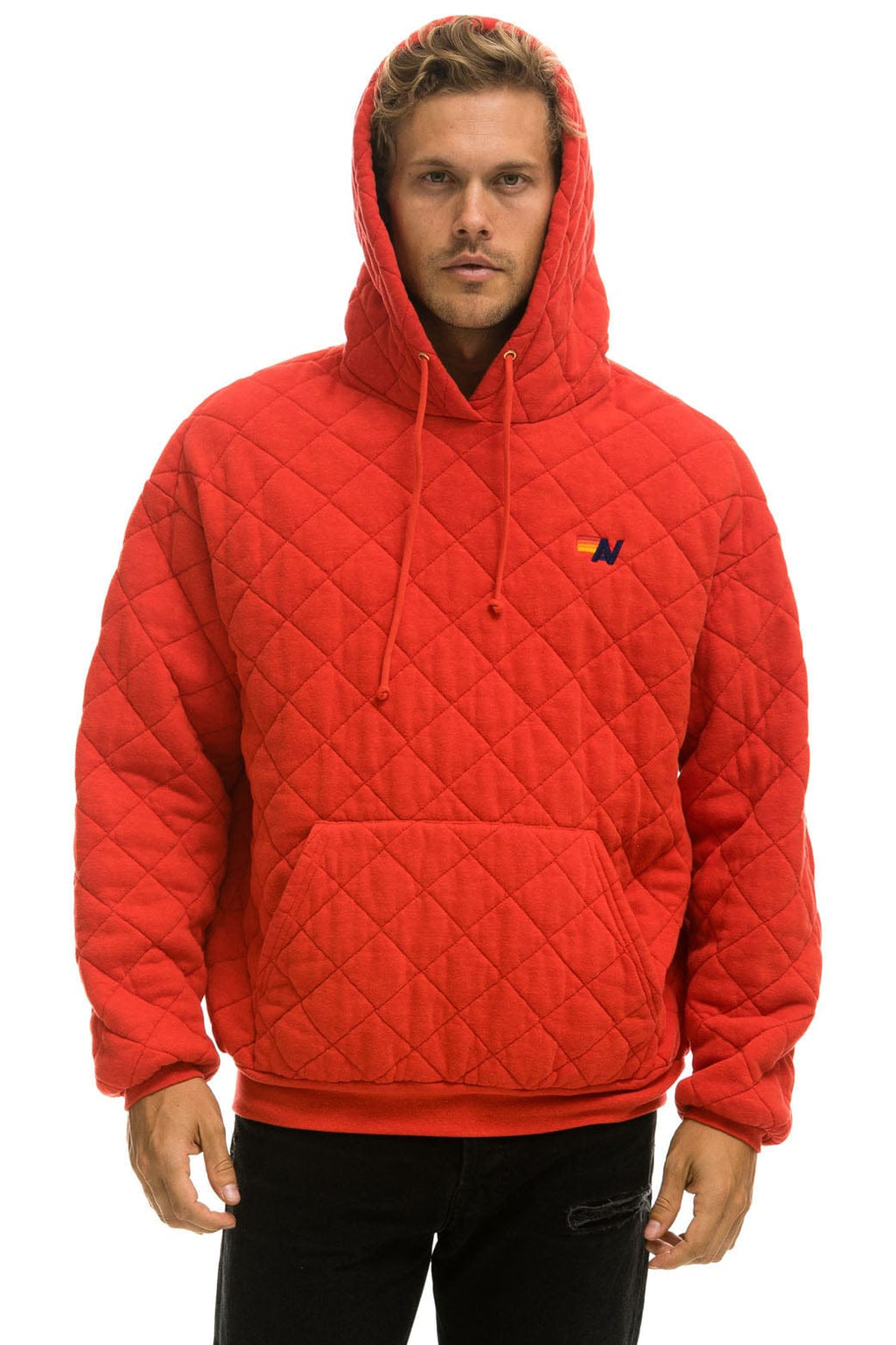 Retro QUILTED RELAXED PULLOVER HOODIE - RED