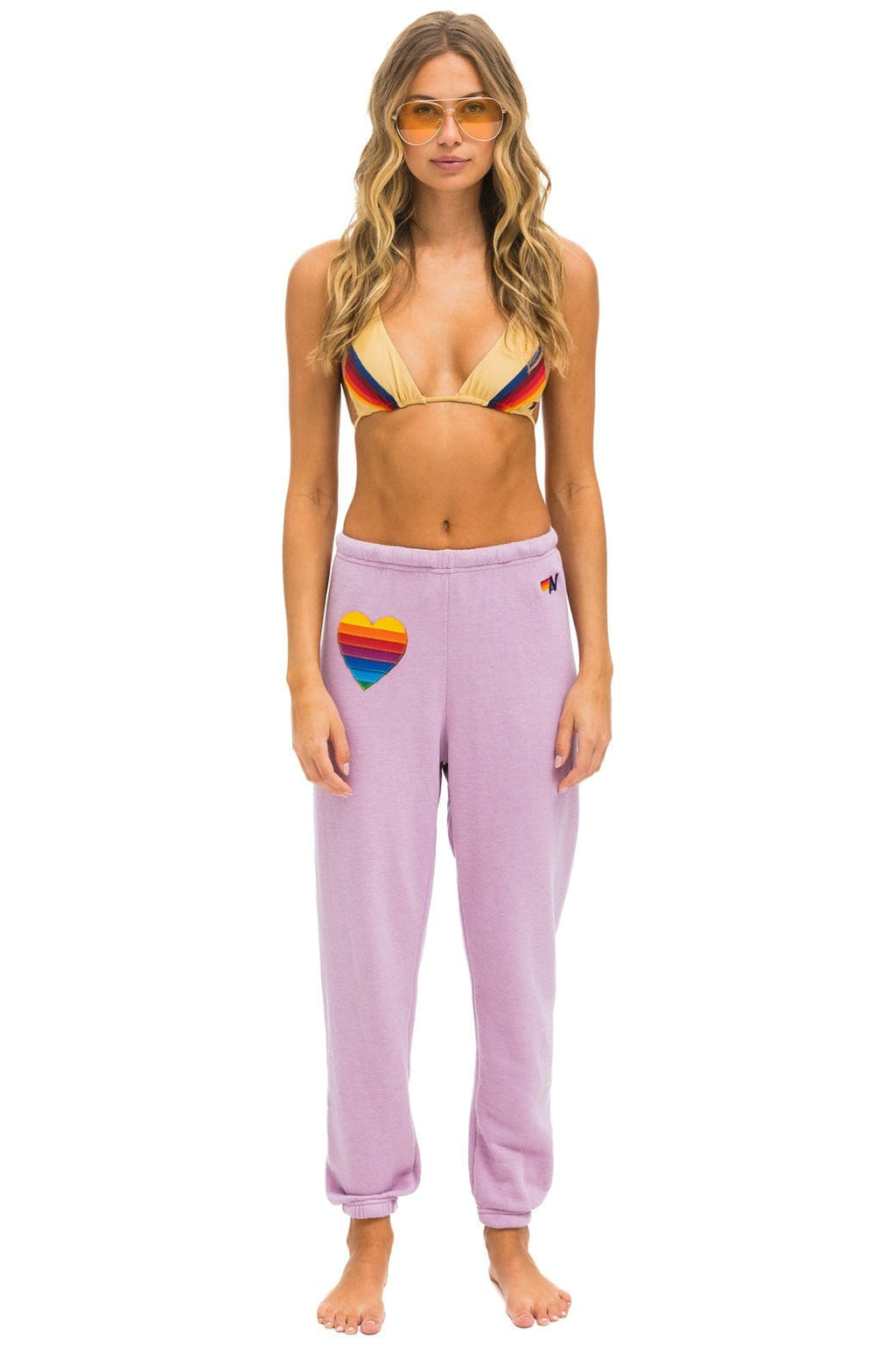Retro RAINBOW HEART STITCH SWEATPANTS - MAUVE