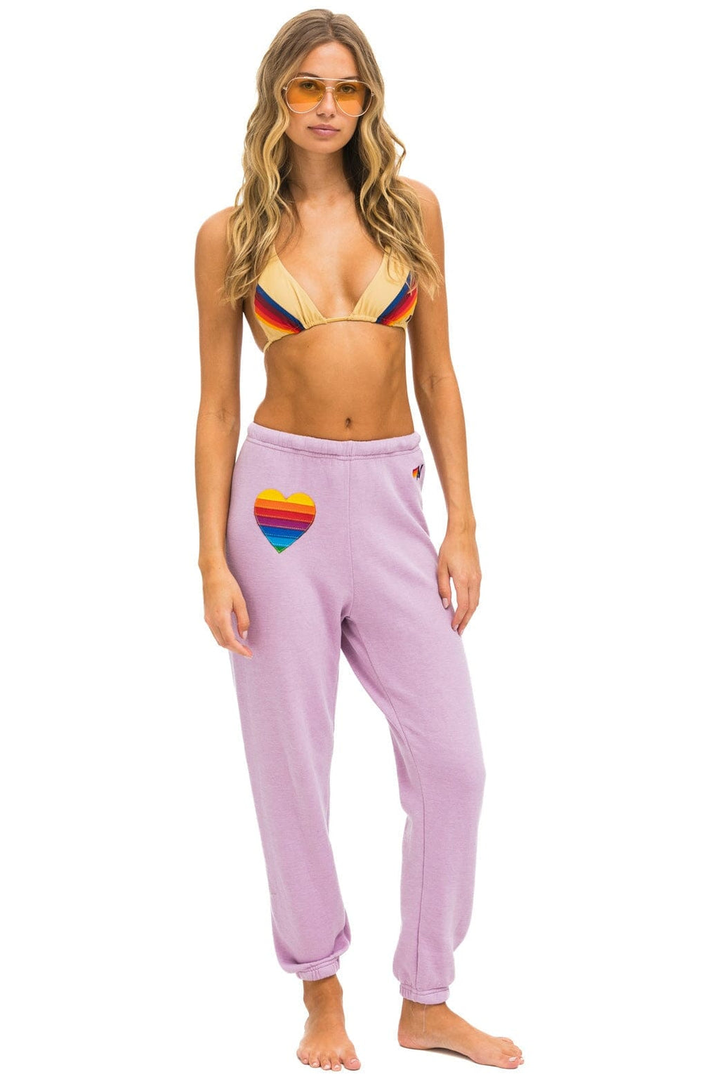 Retro RAINBOW HEART STITCH SWEATPANTS - MAUVE