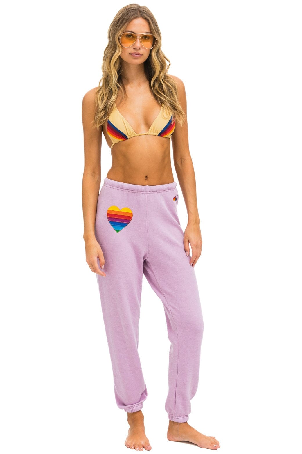 Retro RAINBOW HEART STITCH SWEATPANTS - MAUVE