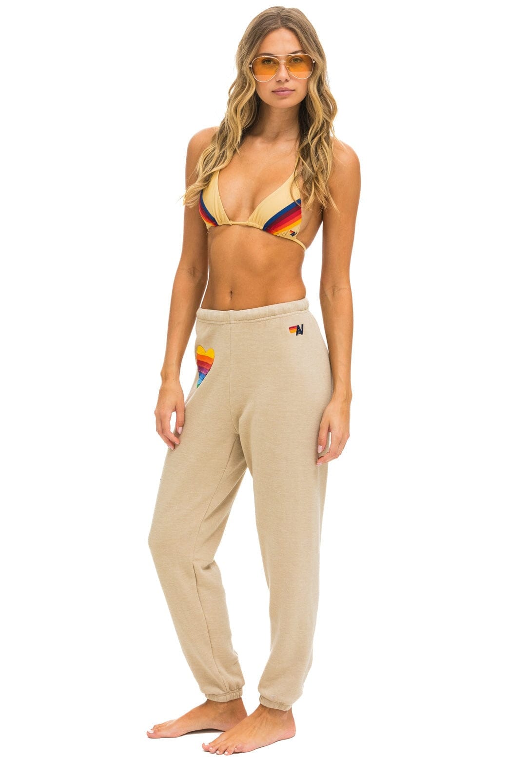 Retro RAINBOW HEART STITCH SWEATPANTS - SAND