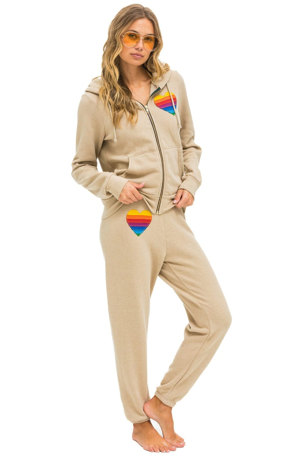 Retro RAINBOW HEART STITCH ZIP HOODIE - SAND