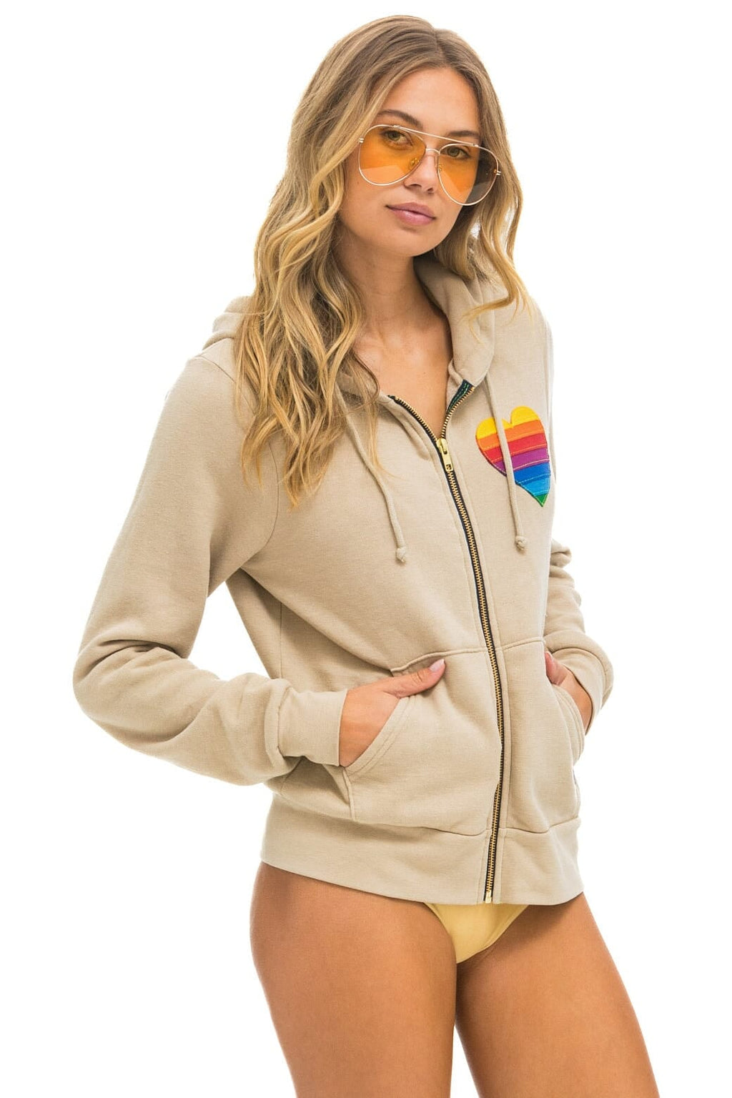 Retro RAINBOW HEART STITCH ZIP HOODIE - SAND